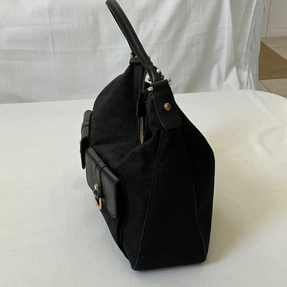 GUCCI Vintage GG Canvas Abbey D-Ring Pocket Hobo Black